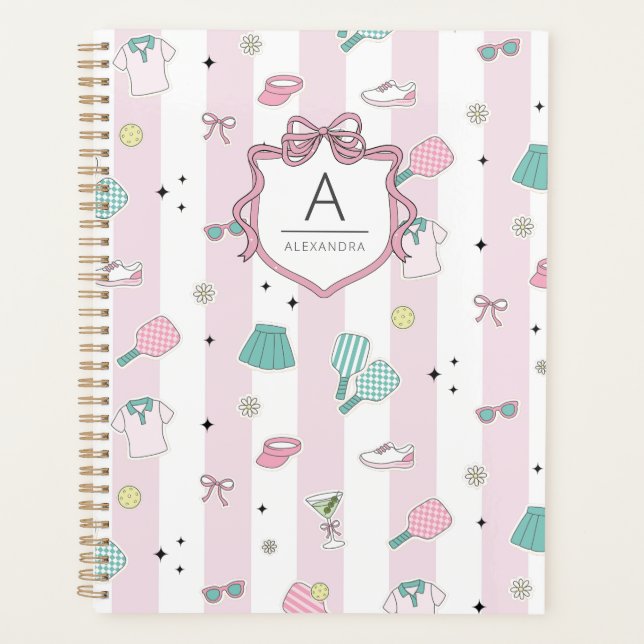 Pink Pickleball Preppy Monogram Print Planner (Front)