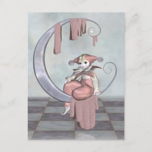 Pink Pierrot Clown Doll on a Silver Moon Postcard