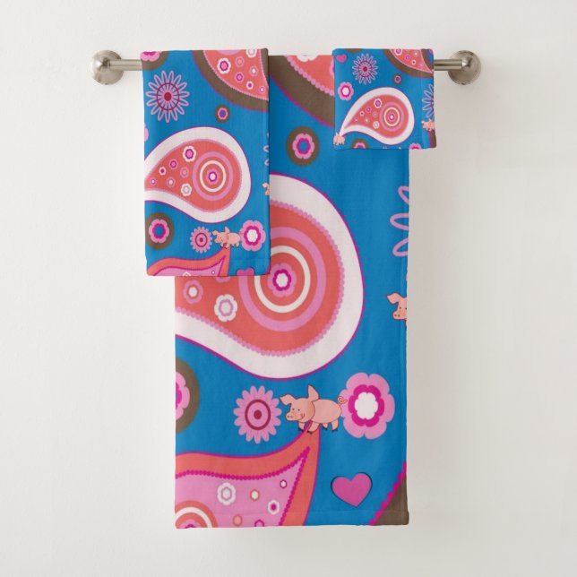 Pink Pig Blue Paisley Bathroom Towel Sets (Insitu)