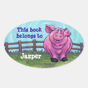 Pink Pig Bookplate Oval Sticker