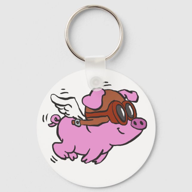 Pink pig flying cartoon | choose background colour keychain (Front)