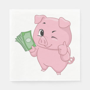 Pink Pig Holding Cash Giving Thumbs Up Napkin