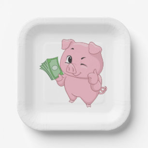 Pink Pig Holding Cash Giving Thumbs Up Paper Plate
