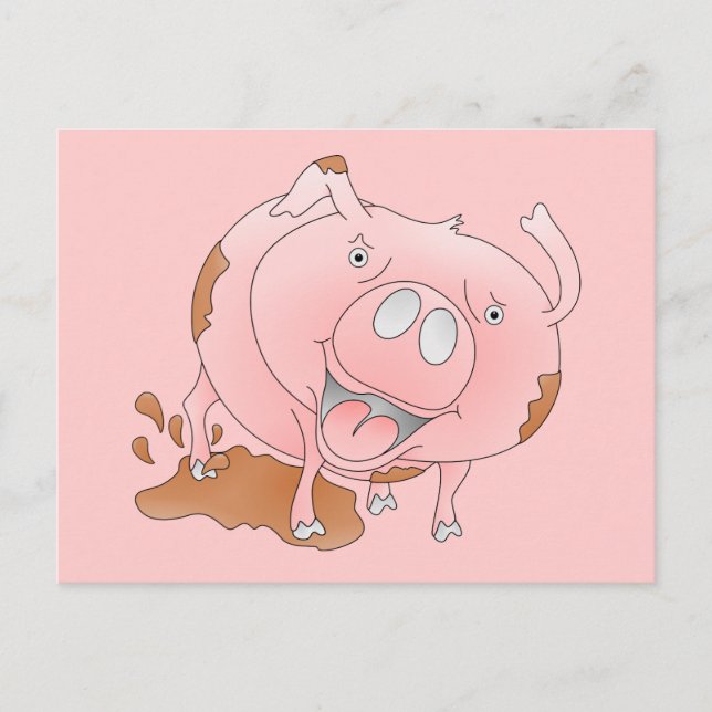 Pink pig splashing in mud postcard (Front)