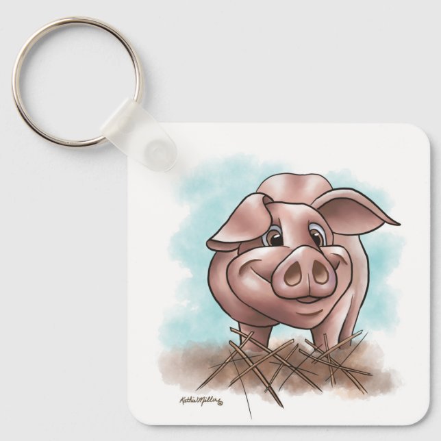 Pink Piggy in the Straw Cartoon Keychain (Front)