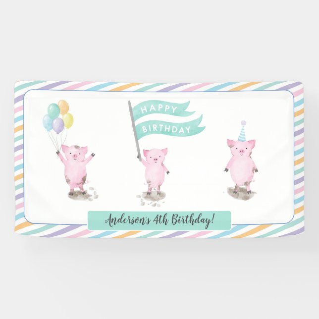Pink Piggy Kids Birthday Party Banner (Horizontal)