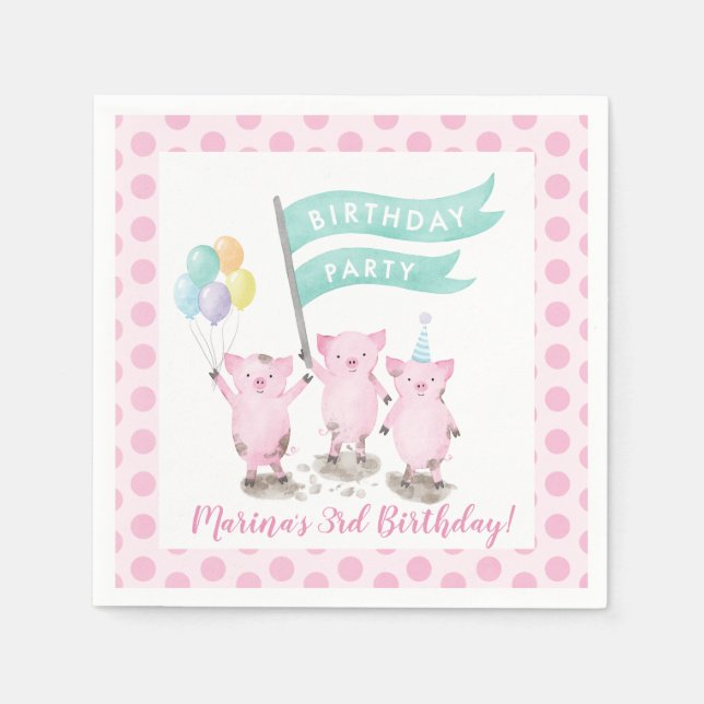 Pink Piggys Kids Birthday Party Napkin (Front)