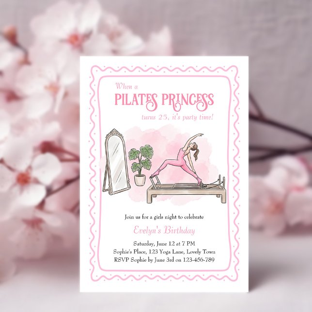 Pink Pilates Princess Girls Night Birthday Invitation (Pilates Princess birthday invitation with hand-drawn wiggly frame and reformer pilates scene)