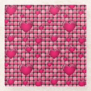 Pink Pile With Hearts Glass Coaster