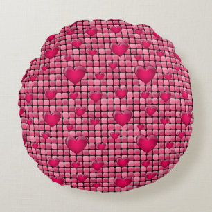 Pink Pile With Hearts Round Pillow