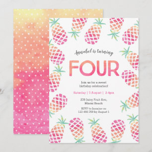 Pink pinapple tropical 4th birthday Invitation