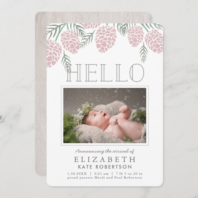 Pink Pine Cone White Photo Birth Announcement (Front/Back)