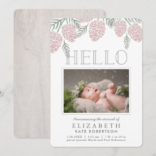 Pink Pine Cone White Photo Birth Announcement