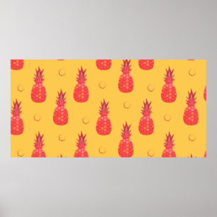 Pink pineapple on orange background. Seamless patt Poster