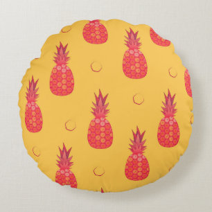 Pink pineapple on orange background. Seamless patt Round Pillow