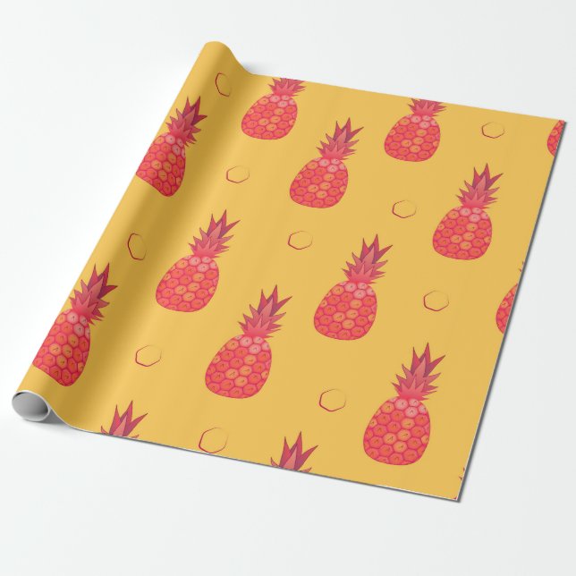 Pink pineapple on orange background. Seamless patt Wrapping Paper (Unrolled)