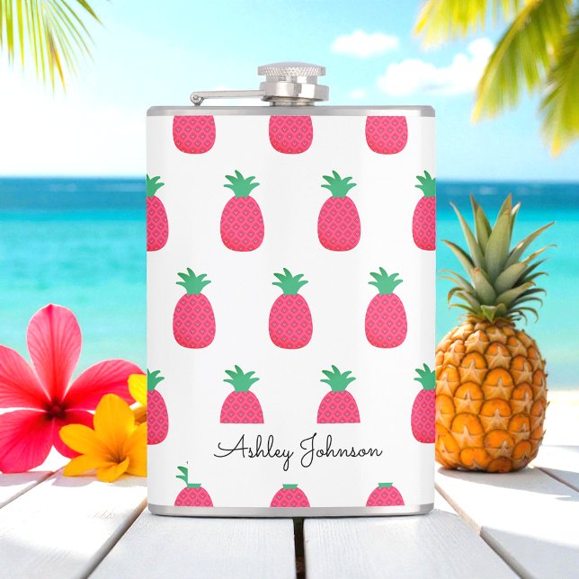 Pink Pineapple Pattern Cute White Hip Flask (Creator Uploaded)