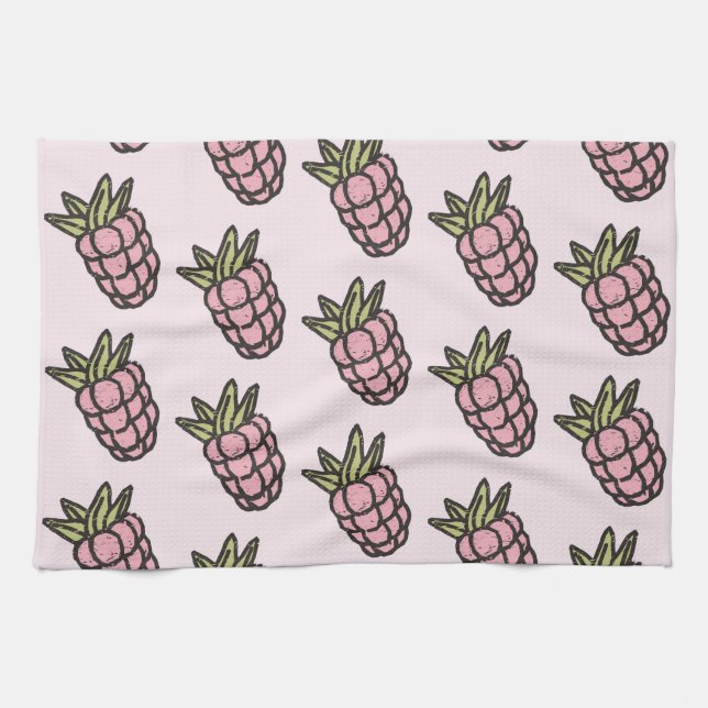 Pink Pineapple Tropical Fruits Botanical Summer Kitchen Towel (Horizontal)