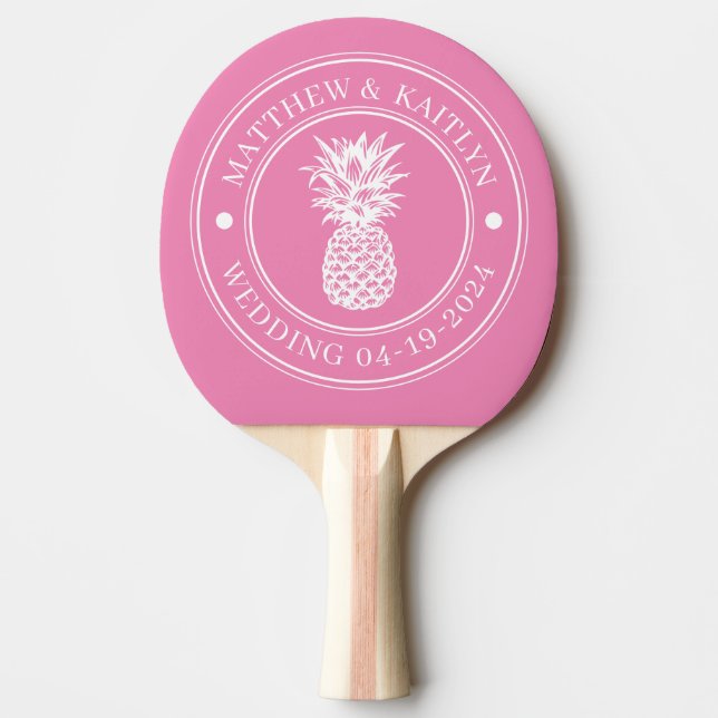  Pink Pineapple Wedding Crest & Name Ping Pong Paddle (Front)