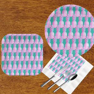 Pink Pineapples Caribbean Blue Paper Plate