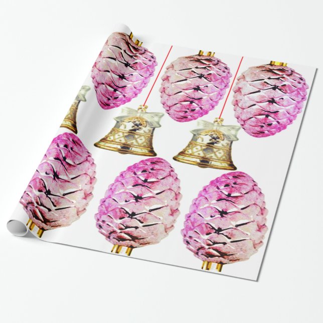 Pink Pinecones and Bells Wrapping Paper (Unrolled)