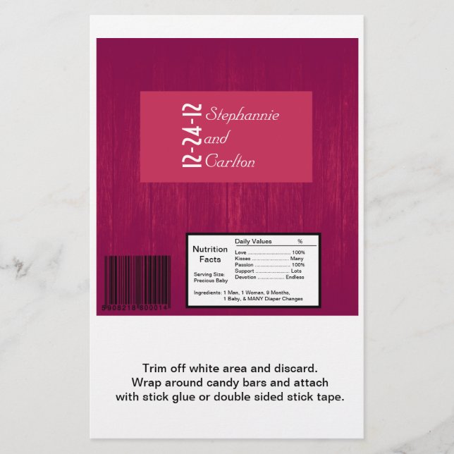 Pink/Pink Wood Grain Wedding Candy Wrapper (Front)