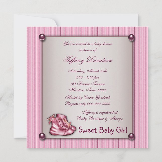 Pink Pinstripe Pink Booties Vintage Baby Girl Invitation (Front)