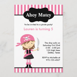 Pink Pirate Girl Birthday Invitations