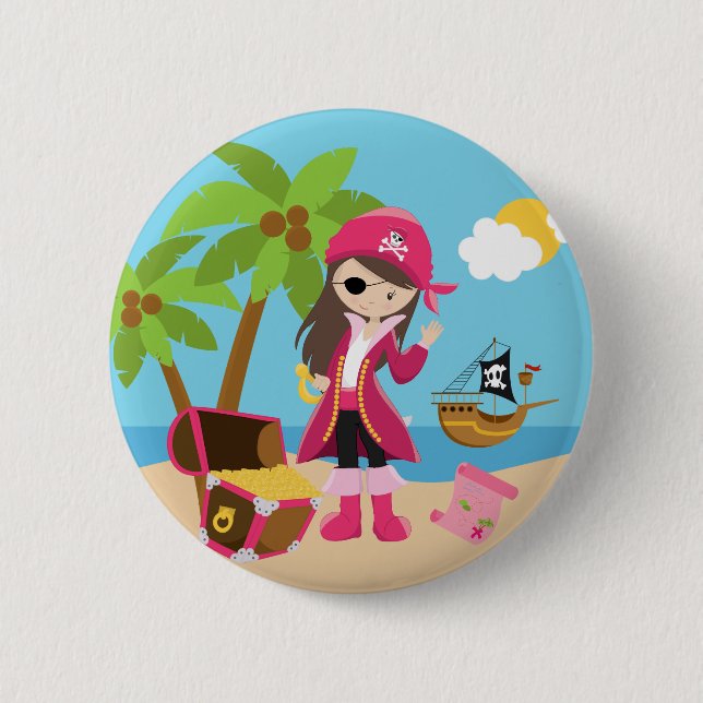 Pink Pirate Girl Birthday Party 2 Inch Round Button (Front)