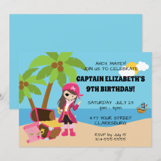 Pink Pirate Girl Birthday Party Invitation