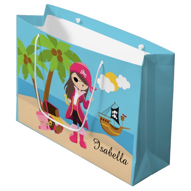 Pink Pirate Girl Birthday Party Large Gift Bag (Front Angled)