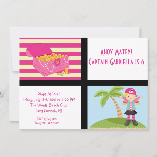 Pink Pirate Girl Squares Birthday Invitation (Front)