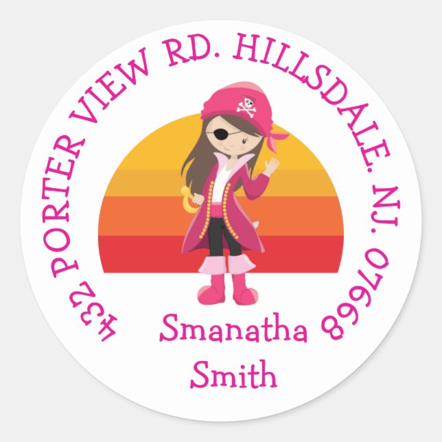  Pink Pirate Party  ADDRESS  Classic Round Sticker (Front)