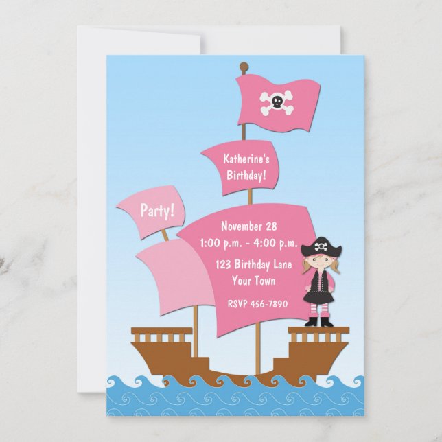 Pink Pirate Ship Birthday Invitation (Front)