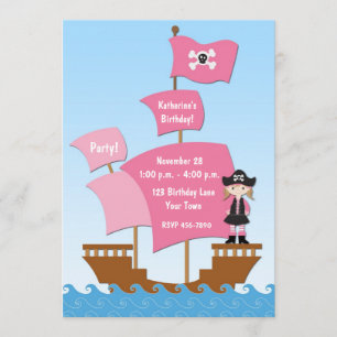 Pink Pirate Ship Birthday Invitation