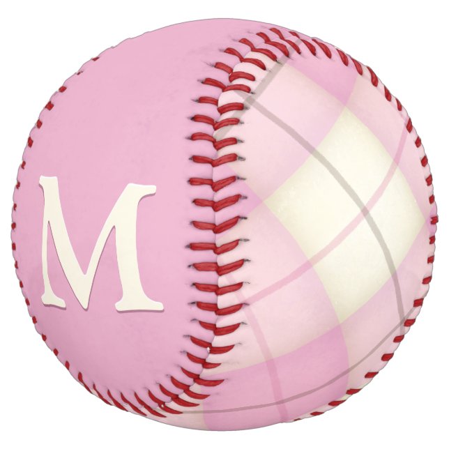 Pink Plaid Baseball with Custom Monogram Girl's Softball (Angled)