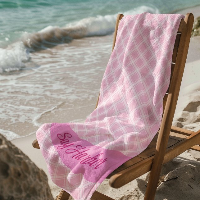 Pink Plaid Beach Towel with Personalized Text (Custom Beach Towel
)