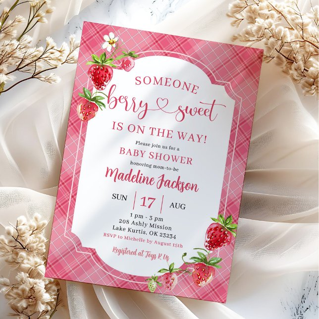 Pink Plaid Berry Sweet Girl Strawberry Baby Shower Invitation (Creator Uploaded)