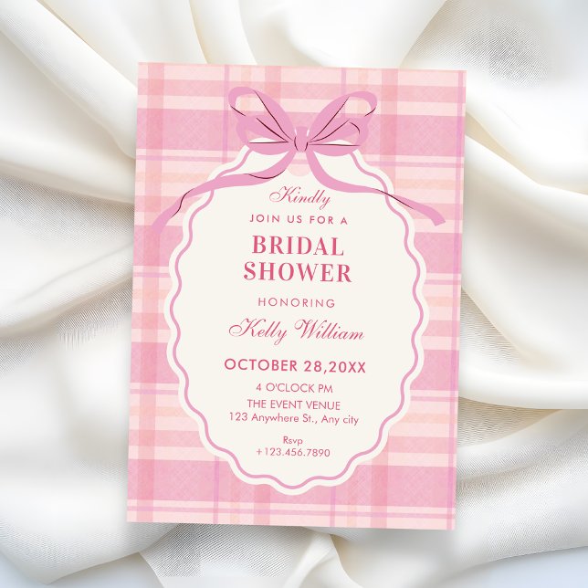 Pink plaid bow bridal shower invitation (Creator Uploaded)