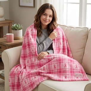 Pink Plaid Breast Cancer Awareness Ribbon Fleece Blanket