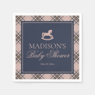 Pink Plaid Classic Rocking Horse Baby Shower Napkin