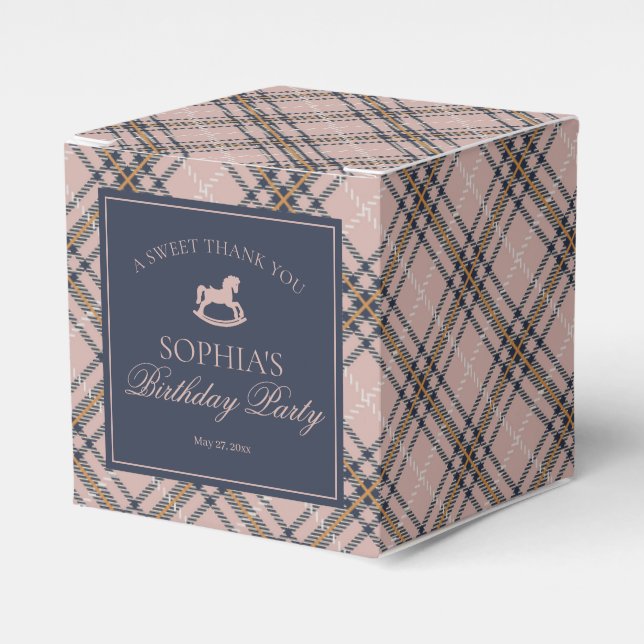 Pink Plaid Classic Rocking Horse Birthday Favor Box (Front Side)