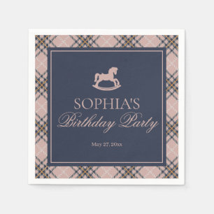 Pink Plaid Classic Rocking Horse Birthday Party Napkin