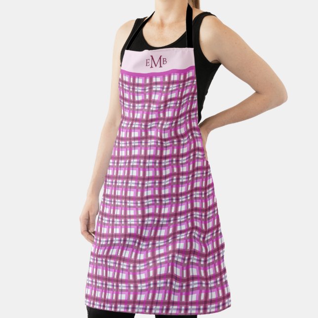 Pink Plaid Custom Monogram Initials Apron (Insitu)