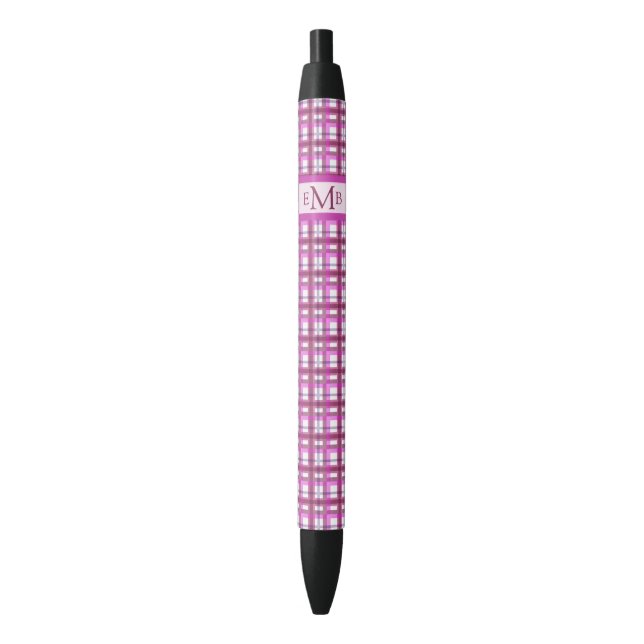 Pink Plaid Custom Monogram Initials Black Ink Pen (Front Vertical)