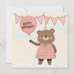 Pink Plaid Dress Bear with Bow and Hat Invitation