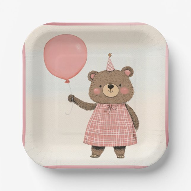 Pink Plaid Dress Bear with Bow and Hat Paper Plate (Front)