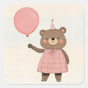 Pink Plaid Dress Bear with Bow and Hat Square Sticker
