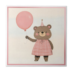 Pink Plaid Dress Bear with Bow and Hat Tile