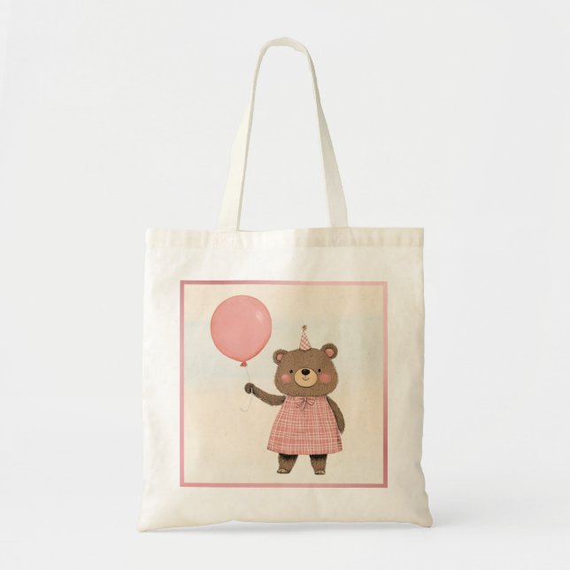 Pink Plaid Dress Bear with Bow and Hat Tote Bag (Front)
